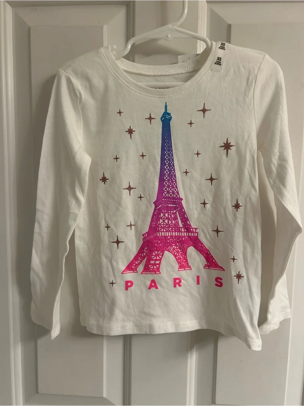 NWT-The Children's Place White Long-Sleeve Tee with Pink-to-Blue Eiffel Tower